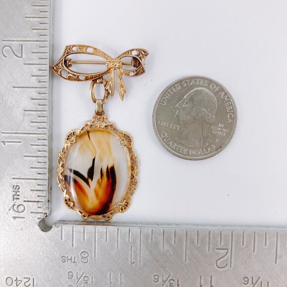 Vintage 1940s 12K Gold Filled Bow Brooch Gemstone Cabochon Mid Century Pin - Picture 10 of 14